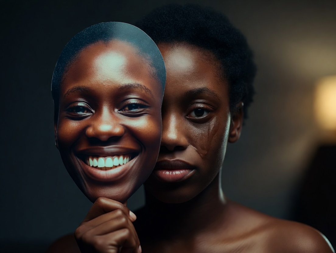 A young lady removing a smiling mask to reveal their true emotions.