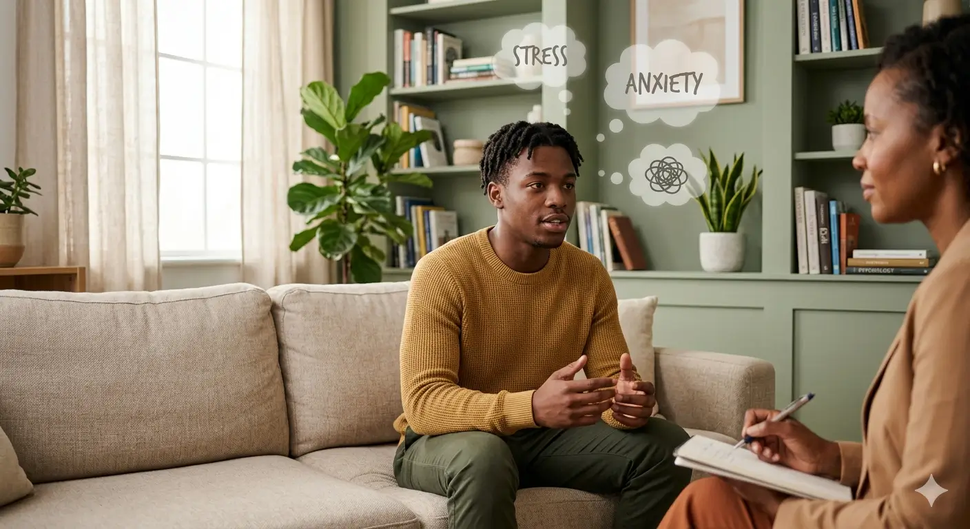 A person sitting on a comfortable couch, talking to a professional