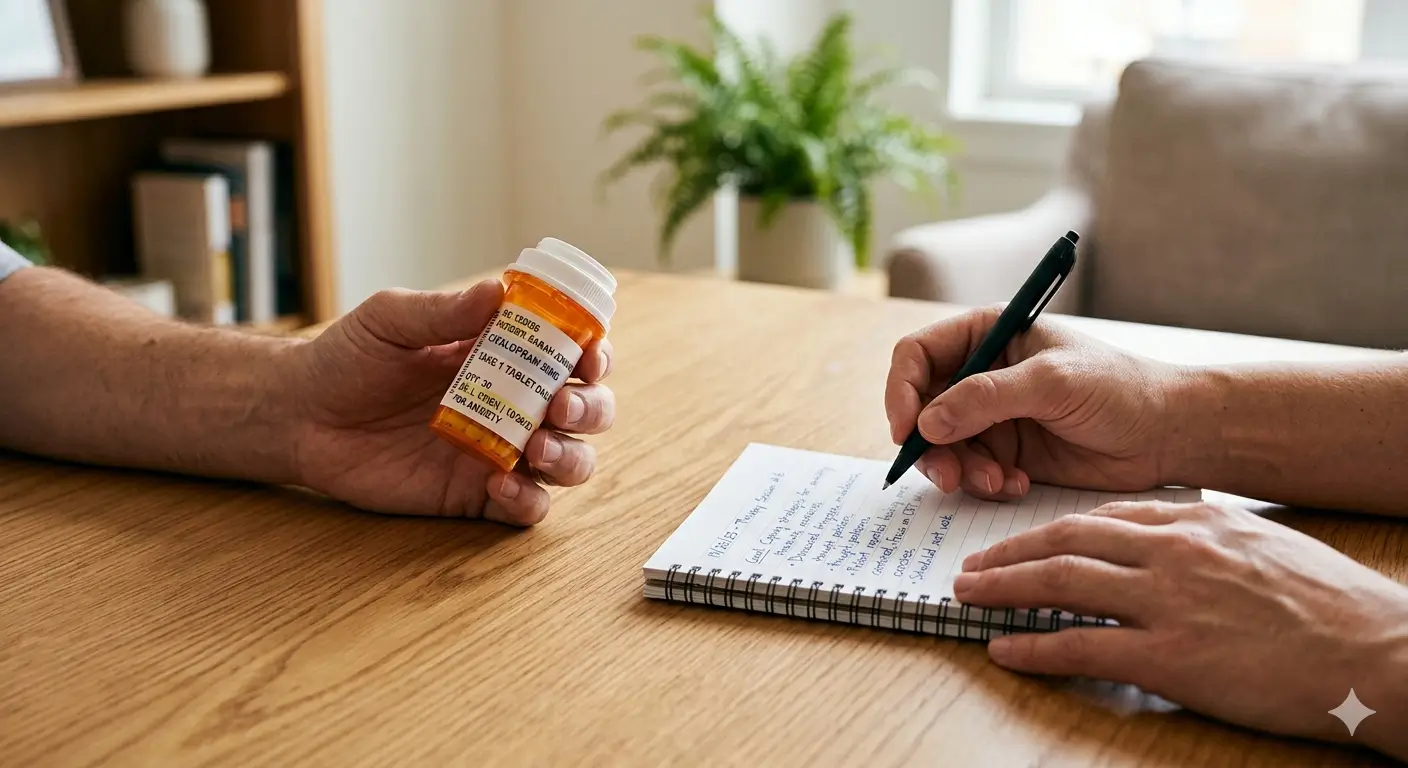 FTwo hands: one holding a pill bottle, the other holding a notepad