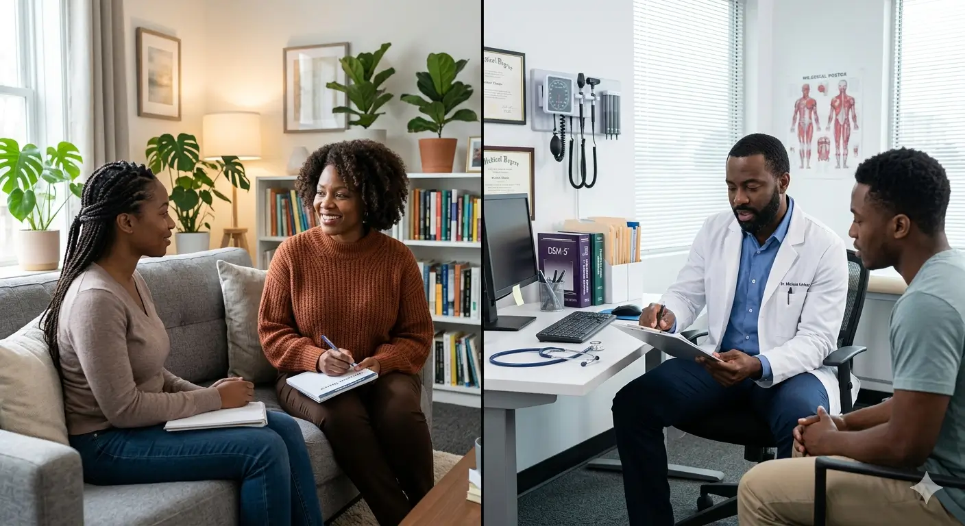 A visual split down the middle: one side shows a psychologist in a cozy office talking to a patient, the other side shows a psychiatrist in a clinic reviewing medical charts