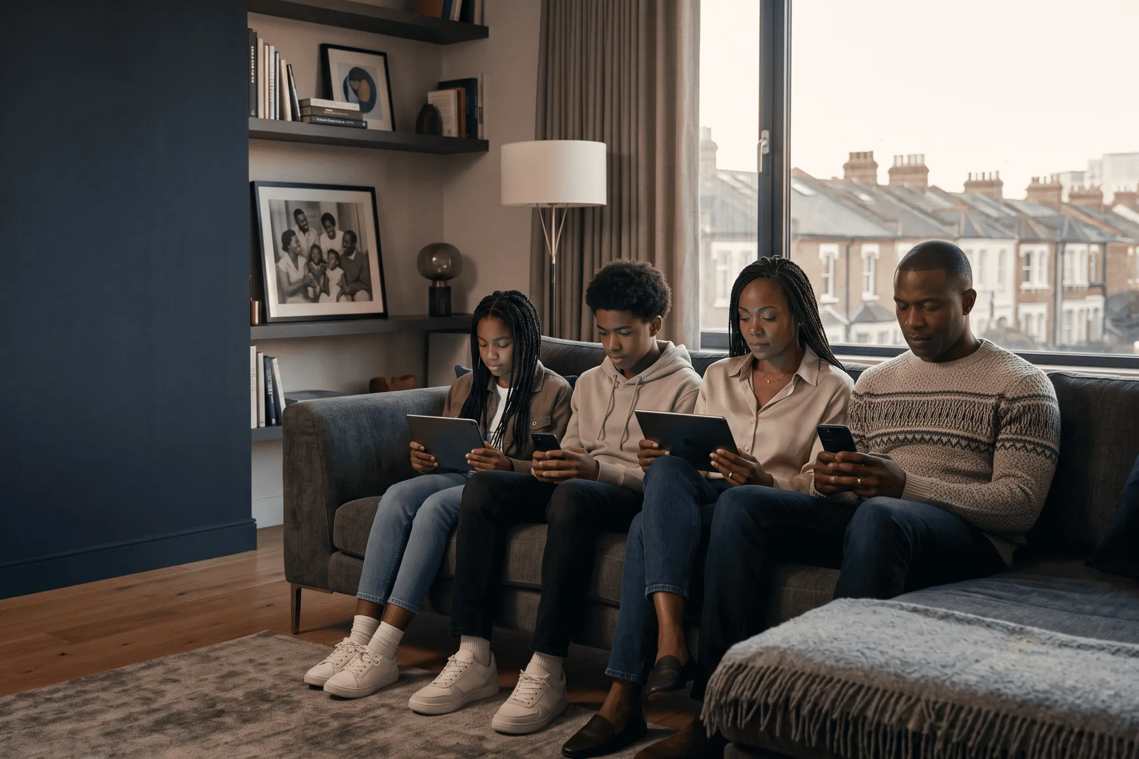 A family having a tech-free dinner, actively listening and connecting with one another without digital distractions.